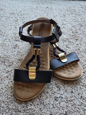 Patrizia Black Sandals with Gold Accent T-Strap